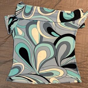 David Meister Abstract Teal and Black Blouse